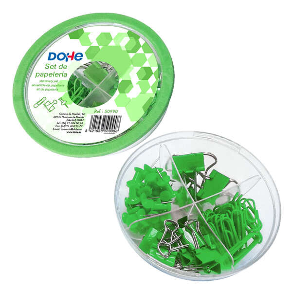 Dohe Combo Ovni Pack de Accesorios de Escritorio - 12 Pinzas de 15mm, 5 Pinzas de 19mm, 50 Clips de 28mm y 30 Push Pins de 22mm - Color Verde 1 pieza(s)