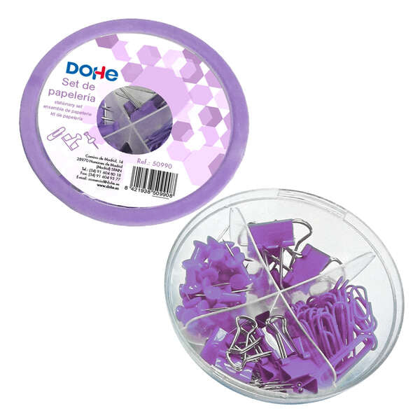 Dohe Combo Ovni Pack de Accesorios de Escritorio - 12 Pinzas de 15mm, 5 Pinzas de 19mm, 50 Clips de 28mm y 30 Push Pins de 22mm - Color Morado 1 pieza(s)