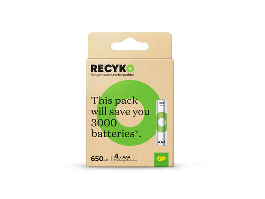 GP ReCyko Pack de 4 Pilas Recargables 650mAh AAA 1.2V - Precargadas - Fabricadas con mas del 10% de Materiales Reciclados 1 pieza(s)