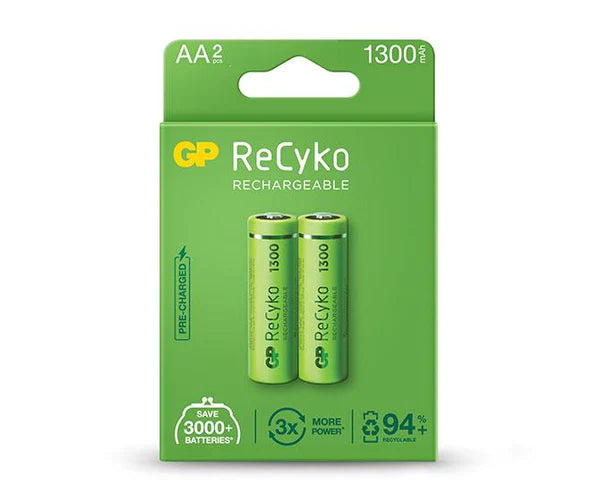 GP ReCyko Pack de 2 Pilas Recargables 1300mAh AA 1.2V - Precargadas - Fabricadas con mas del 10% de Materiales Reciclados 1 pieza(s)