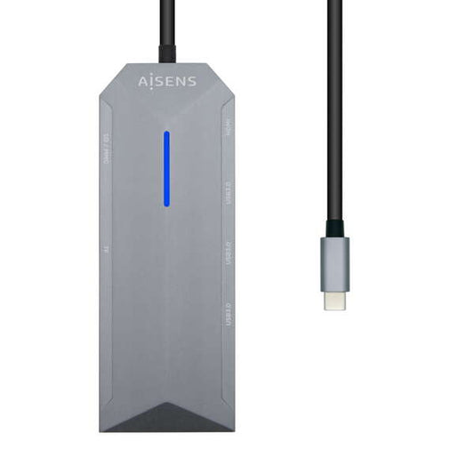 AISENS - USB-C dock 8 en 1  USB-C a 1xHDMI  1xRJ45  3xUSB  1xPD  1xSD  1xMicroSD  Gris  15 cm