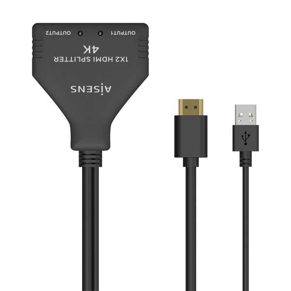 AISENS - HDMI Duplicador 4K@30HZ 1×2 con Alimentación USB y Cable  Negro  30 cm