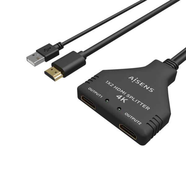 AISENS - HDMI Duplicador 4K@30HZ 1×2 con Alimentación USB y Cable  Negro  30 cm