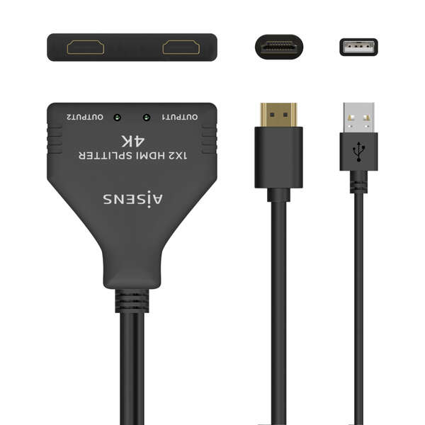 AISENS - HDMI Duplicador 4K@30HZ 1×2 con Alimentación USB y Cable  Negro  30 cm