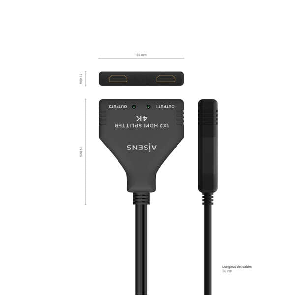 AISENS - HDMI Duplicador 4K@30HZ 1×2 con Alimentación USB y Cable  Negro  30 cm