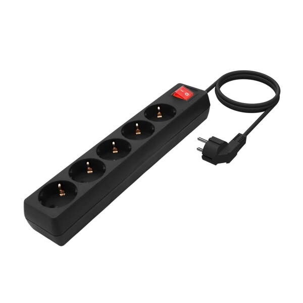 AISENS - Base Multiple 5 Tomas con Interruptor con Cable 3×1.5mm2  Negro  1.4 m