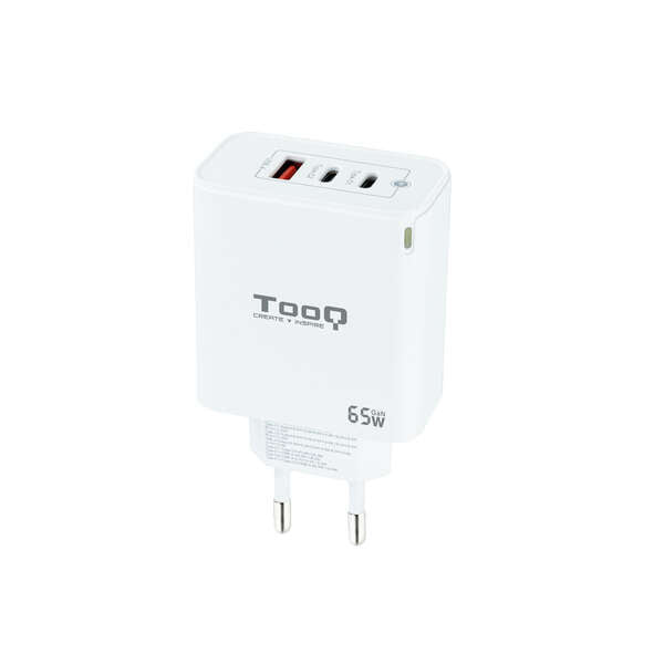 TooQ - Cargador de Pared GaN 2USB-C/PD + USB-A/QC 65W  Blanco