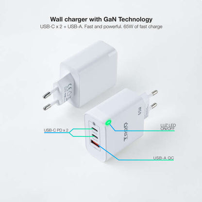 TooQ - Cargador de Pared GaN 2USB-C/PD + USB-A/QC 65W  Blanco