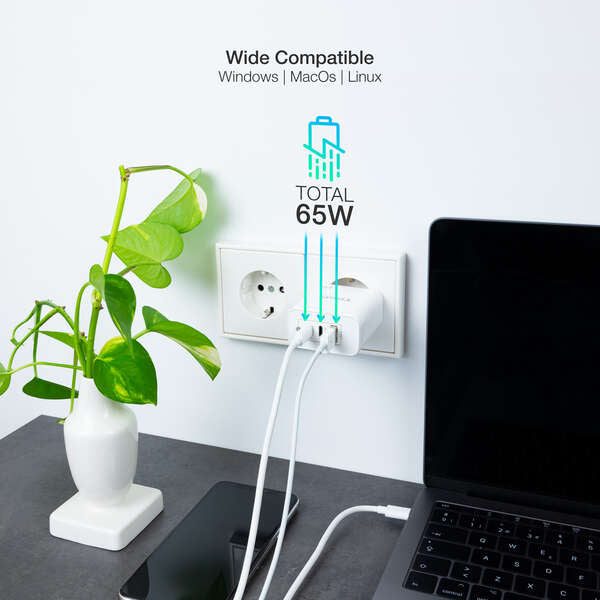 TooQ - Cargador de Pared GaN 2USB-C/PD + USB-A/QC 65W  Blanco