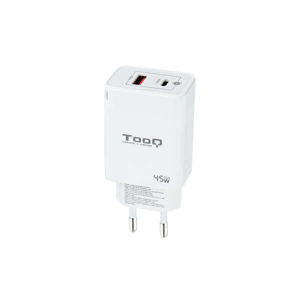 TooQ - Cargador de Pared GaN USB-C/PD + USB-A/QC 45W  Blanco