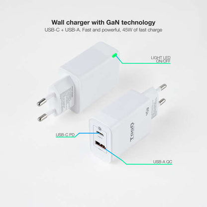 TooQ - Cargador de Pared GaN USB-C/PD + USB-A/QC 45W  Blanco