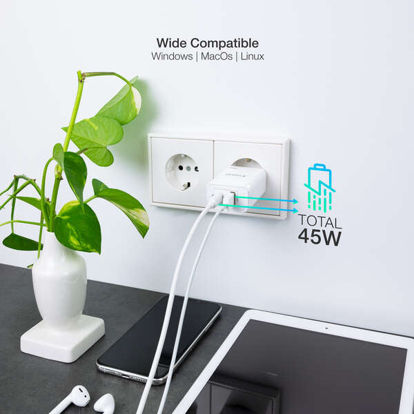 TooQ - Cargador de Pared GaN USB-C/PD + USB-A/QC 45W  Blanco