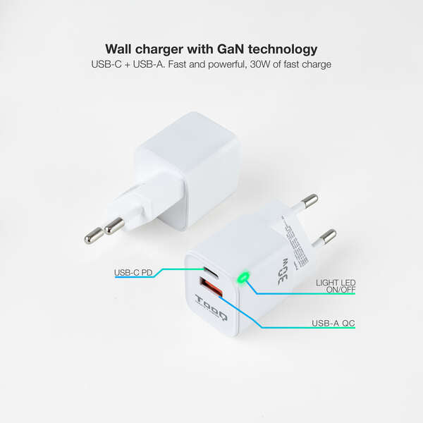 TooQ - Cargador de Pared GaN USB-C/PD + USB-A/QC 30W  Blanco