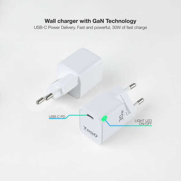 TooQ - Cargador de Pared GAN USB-C/PD 30W  Blanco