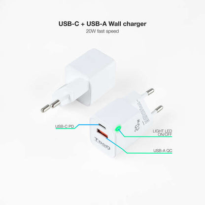 Tooq Cargador de Pared USB-C/PD + USB-A/QC 20W - Color Blanco 1 pieza(s)