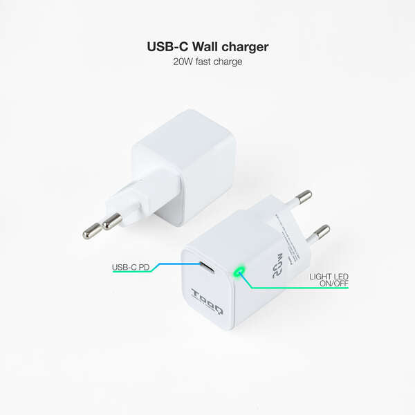 TooQ - Cargador de Pared USB-C PD20W  Blanco