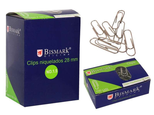 Bismark - CAJA 100 CLIPS LABIADOS NIQUELADOS PUNTA REDONDA Nº 1 5 DE 28 MM. BISMARK 316866