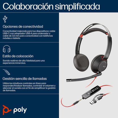 POLY - Auriculares Blackwire 5220 estéreo USB-C + conector de 3 5 mm + adaptador USB-C/A (paquete)