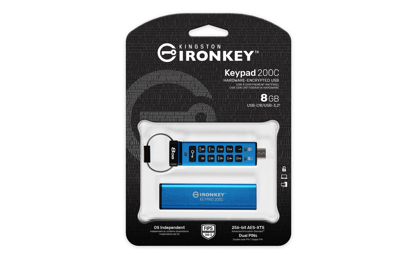 Kingston Technology - IronKey Keypad 200 unidad flash USB 8 GB USB Tipo C 3.2 Gen 1 (3.1 Gen 1) Azul