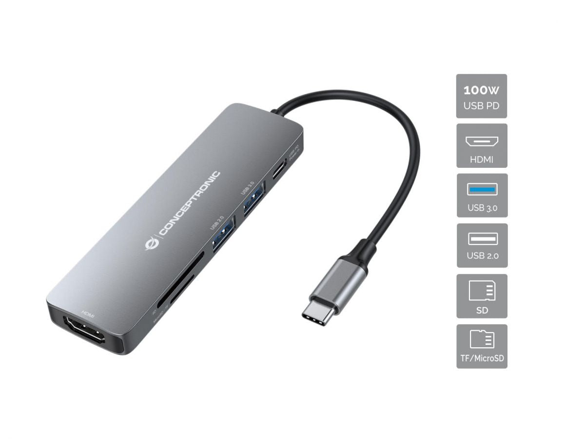 Conceptronic - DONN11G base para portátil y replicador de puertos Alámbrico USB 3.2 Gen 1 (3.1 Gen 1) Type-C Gris