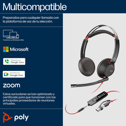 POLY - Auriculares Blackwire 5220 estéreo USB-C + conector de 3 5 mm + adaptador USB-C/A (paquete)