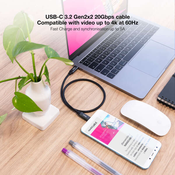 Nanocable - Cable USB 3.2 Gen2x2 20Gbps 5A/100W 4K/60Hz USB-C/M-USB-C/M  1 m