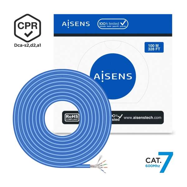 AISENS - Cable de Red RJ45 LSZH CPR Dca CAT.7 600 MHZ S/FTP AWG23  Azul  100 m