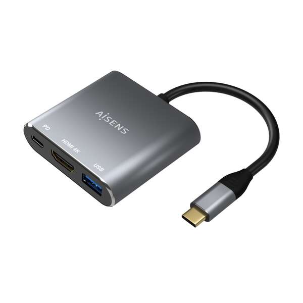 AISENS - Conversor USB-C a HDMI/USB-C/Tipo A USB 3.0  3 en 1  Gris  15cm