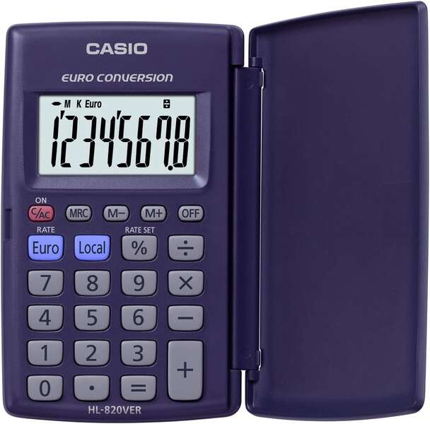 Casio HL820VER Calculadora con Tapa - Funcion Conversor de Euros - Pantalla LCD de 8 Digitos - Color Azul 1 pieza(s)