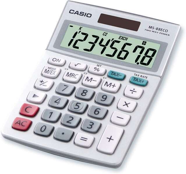 Casio MS88ECO Calculadora de Escritorio Financiera - Conversion de Moneda - Calculo de Impuestos - Pantalla LCD de 8 Digitos - Solar y Pilas 1 pieza(s)