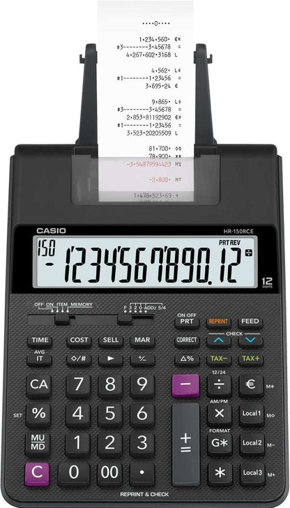 Casio HR150RCE Calculadora Impresora de Sobremesa - Pantalla de 12 Digitos - Anchura del Papel 58mm - Imprime Hora y Fecha - Alimentacion con Pilas 1 pieza(s)