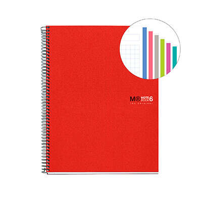 Miquel Rius Notebook6 Cuaderno de Espiral Formato A4 - 150 Hojas de 70gr Microperforadas con 2 Taladros - Cubiertas de Polipropileno - Cuadricula 5x5 - Color Rojo 1 pieza(s)