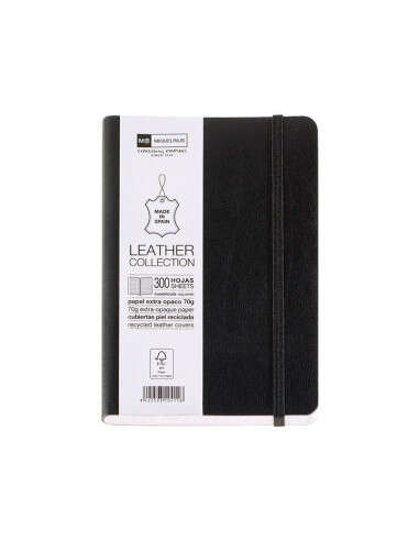 Miquel Rius Leather 1839 Cuaderno Flexible 8º 300 Hojas con Indice - Cubiertas de Piel Reciclada - Cuadricula 5x5mm - Cierre con Goma Elastica - Color Negro 1 pieza(s)