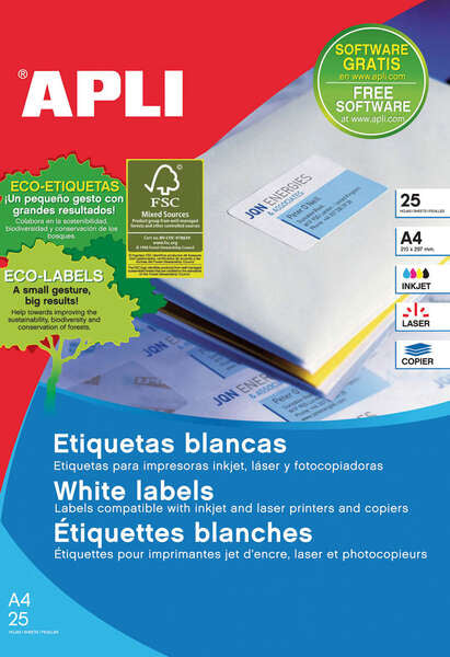 Apli Pack de 1.625 Etiquetas 38x21.2mm - Adhesivo Permanente - Cantos Rectos - Aptas para Impresion y Fotocopias - Color Blanco 1 pieza(s)