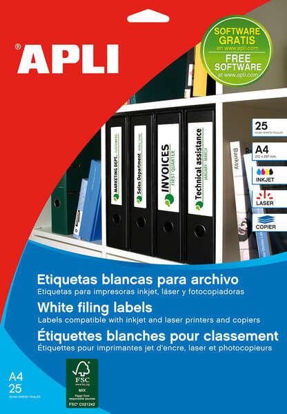 APLI - APLI ETIQUETAS PARA ARCHIVO 190 0 X 38 0 MM CANTOS ROMOS BLANCO - 25 HOJAS-