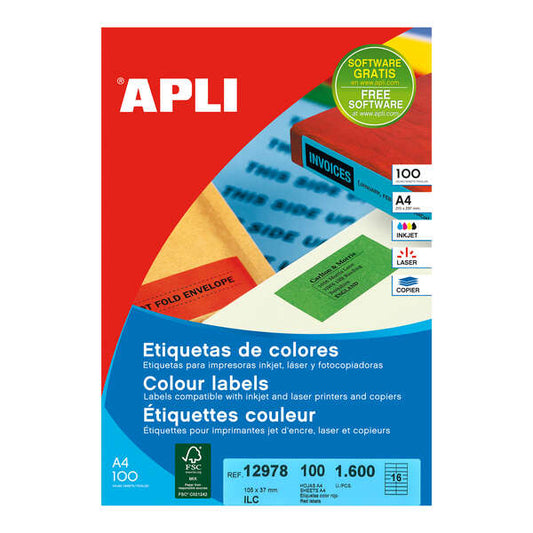 APLI - APLI ETIQUETAS ROJO FLUOR PARA LÁSER Y FOTOCOPIADORAS / 105 0X37 0 MM / - 100 HOJAS-