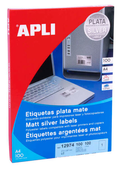 APLI - APLI ETIQUETAS METALIZADAS 210 0 X 297 0 MM CANTOS RECTOS PLATA - 100 HOJAS-