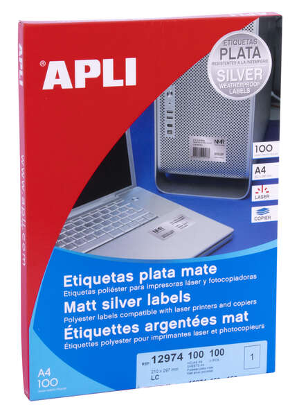 APLI - APLI ETIQUETAS METALIZADAS 210 0 X 297 0 MM CANTOS RECTOS PLATA - 100 HOJAS-