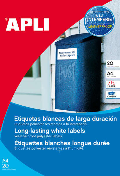 APLI - APLI ETIQUETAS POLIESTER BLANCO PARA LÁSER Y FOTOCOPIADORAS / 99 1 X 67 7 MM / CANTOS ROMOS - 20 HOJAS-