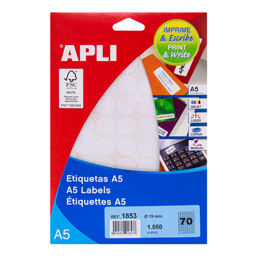 Apli Etiquetas A5 Blancas Ø 19.0mm 15 Hojas 1 pieza(s)