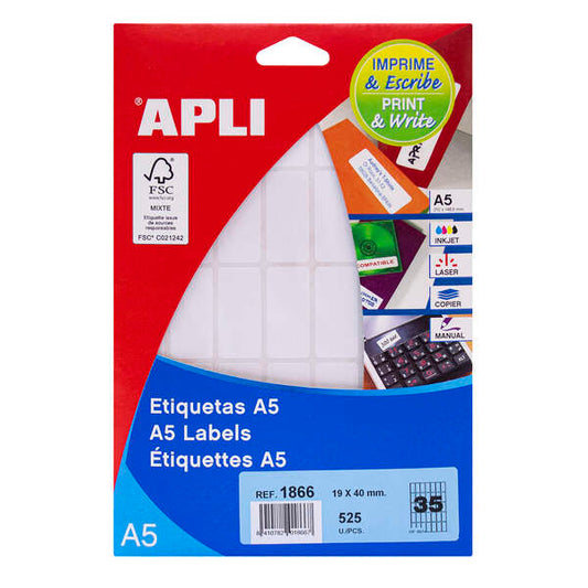 Apli Pack de 525 Etiquetas A5 19.0 x 40.0mm - Color Blanco 1 pieza(s)