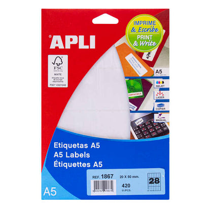 Apli Etiquetas A5 Blancas 20.0 x 50.0mm 15 Hojas 1 pieza(s)