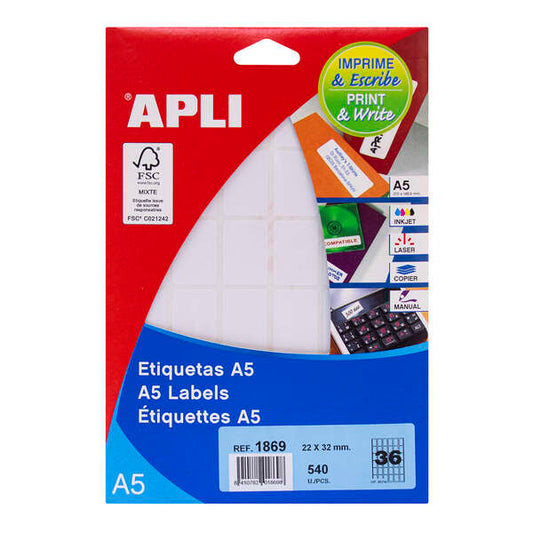 Apli Etiquetas A5 Blancas 22.0 x 32.0mm 15 Hojas 1 pieza(s)