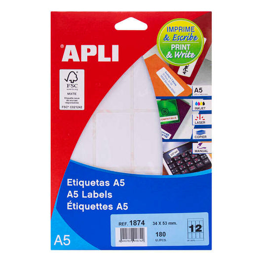 Apli Etiquetas A5 Blancas 34.0 x 53.0mm 15 Hojas 1 pieza(s)