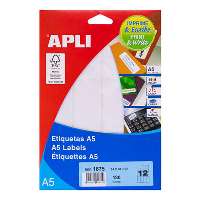 Apli Pack de 180 Etiquetas 34.0x67.0mm - 15 Hojas A5 x 12 Etiquetas - Adhesivo Permanente - Cantos Rectos - Color Blanco 1 pieza(s)