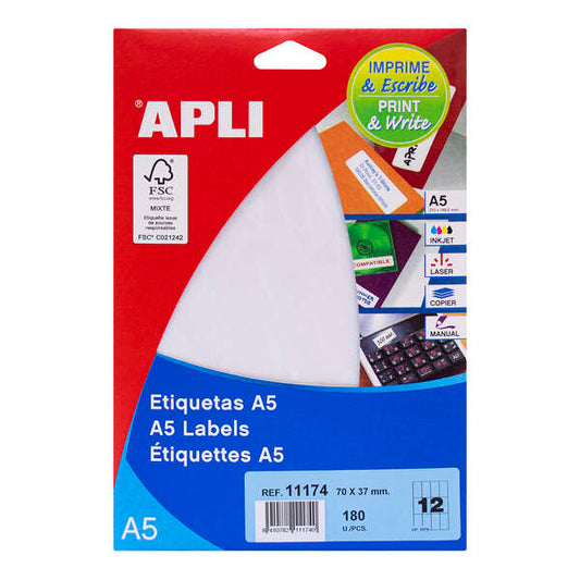 Apli Etiquetas A5 Blancas 70.0 x 37.0mm 15 Hojas 1 pieza(s)