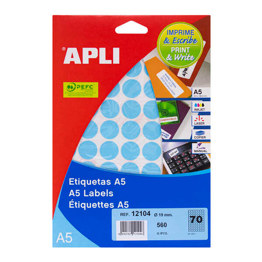 Apli Etiquetas A5 Azules Ø 19.0mm 8 Hojas 1 pieza(s)