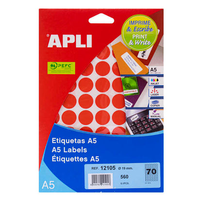 APLI - APLI ETIQUETAS ADHESIVAS CIRCULARES A5 Ø19MM ESCRITURA MANUAL 70 X 8H ROJO