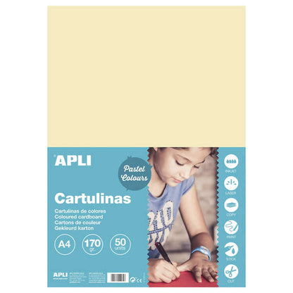 Apli Pack de 50 Cartulinas A4 170g - Libre de Acidos - Aptas para Uso Escolar - Color Marfil 1 pieza(s)