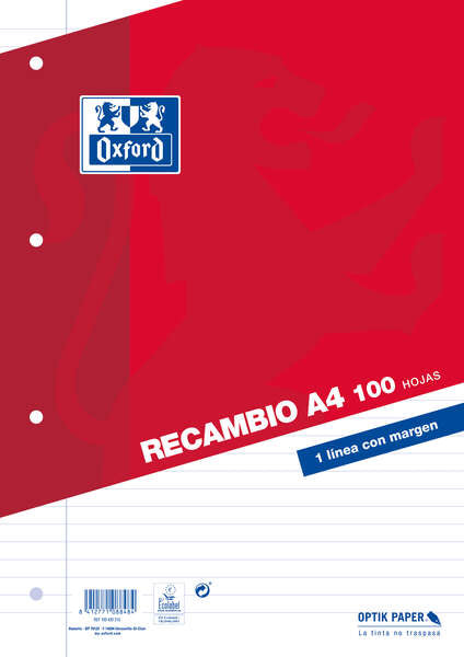 Oxford Classic Recambio de 100 Hojas Sueltas A4 1 Linea Horizontal con Margen 4 Taladros 1 pieza(s)